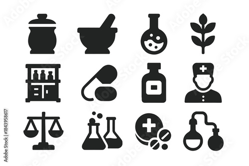 Pharmaceutical Icon Collection. Solid style icons of pharmaceutical history: apothecary jar, pill mortar, alchemy flask, drug
