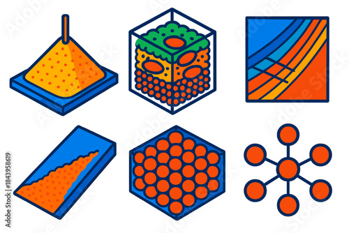 Granular Physics Icons. Isometric vector illustration set Physics of granular materials: sand pile experiments, Brazil nut effect