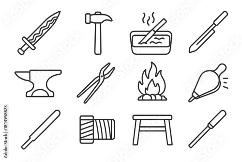 Traditional Swordmaking Icons. Line style icons of Traditional Swordmaking: Pattern-Welded Steel, Smith’s Hammer, Quenching Tub,