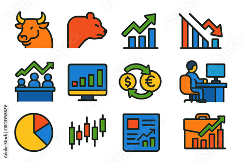 Stock Market Icons. Flat vector icons of stock markets: bull symbol, bear symbol, rising graph, falling graph, trading floor,