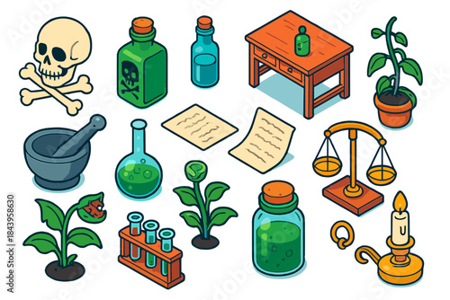 Vintage Toxicology Icons. Isometric vector illustration set Vintage Toxicology: skull and crossbones, green poison bottle, glass