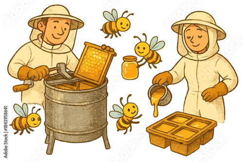 Beekeepers' Honey Harvest. Honey harvest scene with beekeepers spinning combs, bees happily offering jars, and wax dripping into