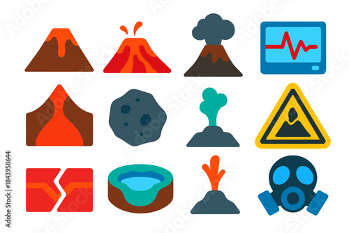 Volcanology Icon Set. Flat vector icons of Volcanology: volcano cone, lava flow, ash plume, seismograph, magma chamber, volcanic