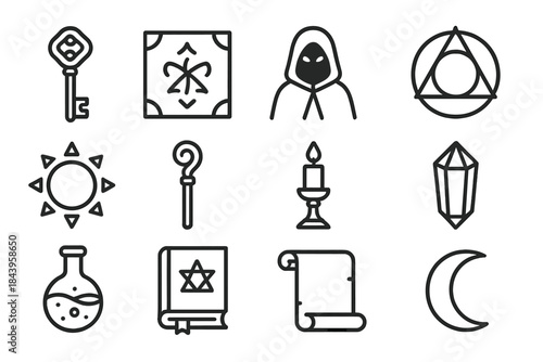 Mystic Ritual Icons. Line style icons of Initiation Rituals: Secret Key, Hidden Sigil, Cloaked Figure, Arcane Diagram; Mystic