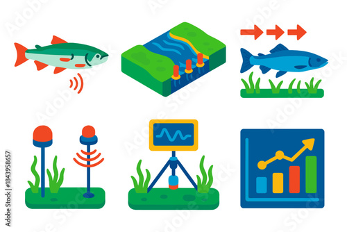 Acoustic Salmon Tracking. Isometric vector illustration set Acoustic telemetry: acoustic-tagged salmon, river tracking arrays,