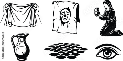 Line art icon set veil face on cloth front view hands holding cloth kneeling woman holding chalice pitcher patterned floor eye symbol black and white solemn