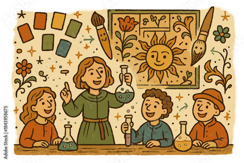Whimsical Medieval Chemistry. Whimsical doodle medieval art chemistry classroom with happy students, cartoon paint samples