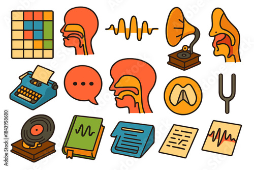 Vintage Phonetics Icons. Isometric vector illustration set Vintage Phonetics: phonetic chart, vocal tract view, sound wave