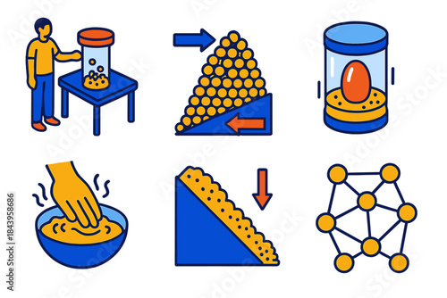 Physics of Granular Materials. Isometric vector illustration set Physics of granular materials: granular material experiments,