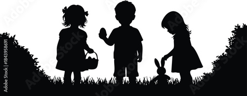 Silhouette vector flat design low angle three children holding basket and toy rabbit playing on grassy hill looking forward backlit center child waving happily minimalist composition