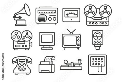 Retro Tech Icons. Line style icons of retro technology: phonograph dial, radio tuner, cassette deck meter, reel-to-reel recorder;