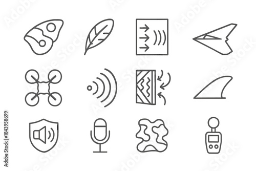 Nature-Driven Tech Icons. Line style icons of Nature-Inspired Technology: Moth Wing, Silent Feather, Sound Absorption, Stealth