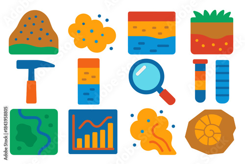 Paleoclimatology Icon Set. Flat vector icons of paleoclimatology concepts: loess deposit, wind-blown silt, sediment layer,