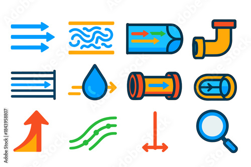 Flow Behavior Icons. Flat vector icons of flow behavior and measurement: laminar flow, turbulent flow, shear gradient, velocity