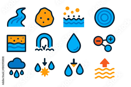 Bright Water Dynamics Icons. Flat vector icons of water and mineral dynamics: flowing stream, mineral particle, dissolved salt,