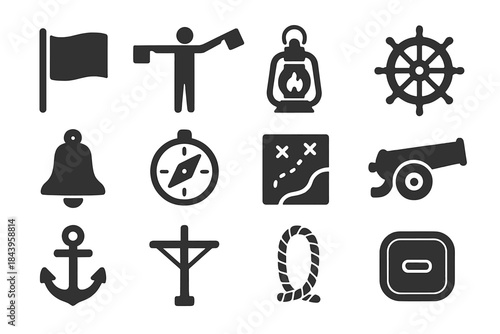 Naval Signal Icons. Solid style icons of Naval Signals: Signal Flag, Semaphore, Lantern, Ship Wheel, Bell, Compass, Chart, Cannon,