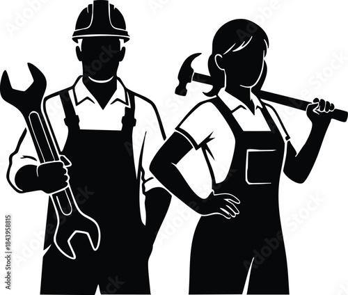 Flat silhouette vector close up two mechanics standing side by side holding wrench and hammer in workshop maintenance service icon wearing hard hat tool belt confident