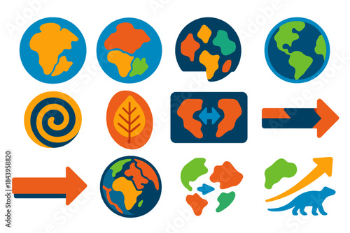 Geological Time Icons. Flat vector icons of geological time and drift: Pangea supercontinent, Gondwana, Laurasia, continental