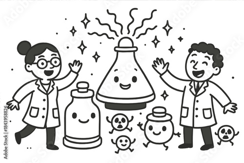 Whimsical Nuclear Lab. Magical doodle nuclear lab with cheerful scientists, smiling containment units, cartoon gamma rays