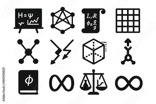 Particle Physics Icons. Solid style icons of particle physics theory: blackboard with equations, symmetry group diagram,