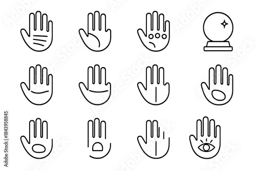 Palmistry Icon Set. Line style icons of Palmistry: Palm Lines, Life Line, Mounts, Fortune Telling; Heart Line, Head Line, Fate