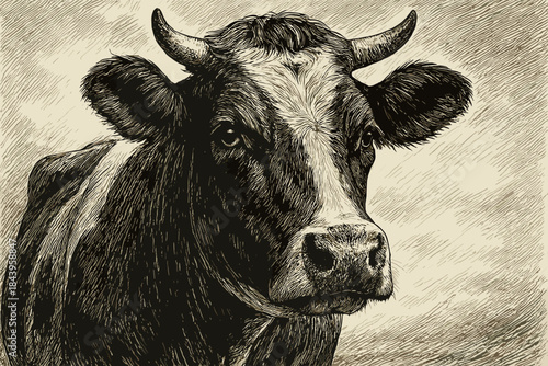 Cow's Portrait Charm. Close-up of a black-and-white portrait of a cow, illuminated by soft natural light, capturing raw textures