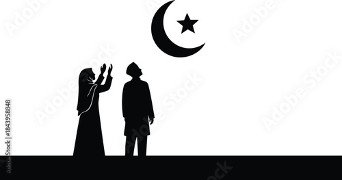 Flat design silhouette close up woman praying looking at sky and man standing beside her under crescent moon star on dark strip minimal night ramadan scene