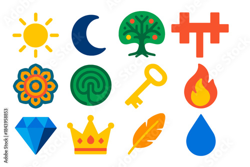 Symbolic Ritual Icons. Flat vector icons of symbolic meaning in rituals: sun symbol, moon icon, tree of life, cross, mandala,