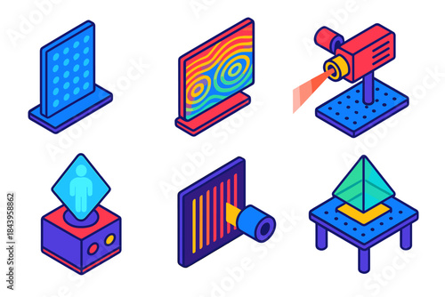 Holography Essentials Icons. Isometric vector illustration set Holography Principles: holographic plate, interference pattern,