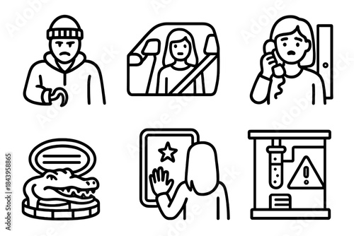Urban Legend Icons. Line style icons of Common Urban Legend Tropes: hook-handed stranger, vanishing hitchhiker, phone call from