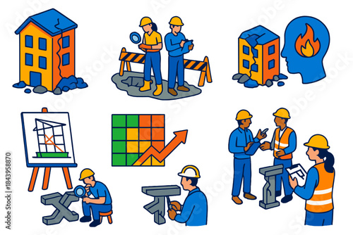 Engineering Disaster Analysis. Isometric vector illustration set Engineering disaster analysis: damaged buildings, accident