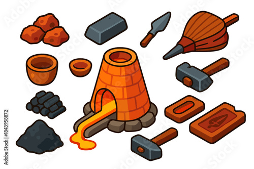 Isometric Ancient Metallurgy Icons. Isometric vector illustration set Ancient Metallurgy: dome smelting furnace, unrefined ore,