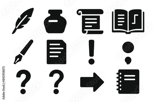Punctuation Evolution Icons. Solid style icons of historical development of punctuation: quill, ink pot, scroll, manuscript, pen,