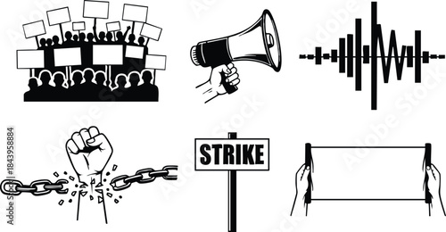Flat design protest icon set showing crowd with signs megaphone soundwave clenched fist breaking chain strike sign and blank banner held by hands silhouette high contrast