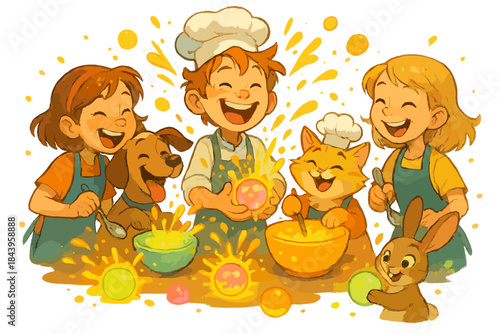 Playful Culinary Magic. Cooking class where children and animals make glowing spheres, laughing at playful flavor explosions No