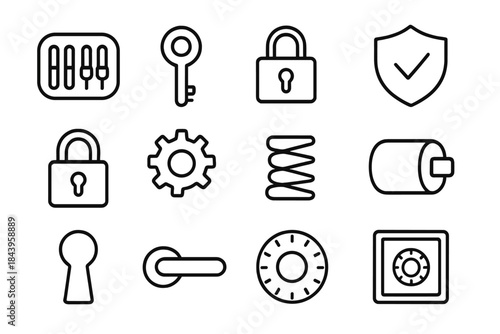 Security Icons Collection. Line style icons of Security Mechanism: Tumbler, Key, Lock System, Protection; Padlock, Gear, Spring,