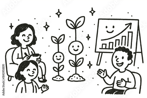 Therapeutic Journey of Growth. Playful doodle long-term recovery therapy with smiling counselors, cartoon plants growing with