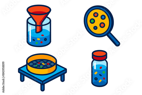 Vibrant Microplastic Awareness Scene. Isometric vector illustration set Microplastic Awareness: Filtered ocean sample, magnified