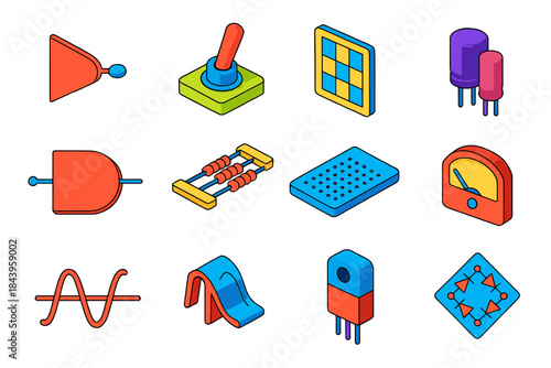 Colorful Circuit Elements. Isometric vector illustration set Analog Logic: NOT logic gate, toggle switch icon, analog circuit