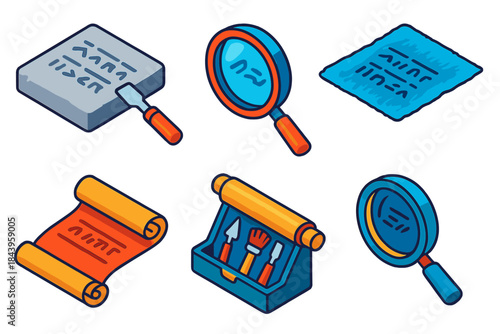 Archaeological Tools Icons. Isometric vector illustration set Epigraphy: stone tablet, engraved chisel, magnifying glass,