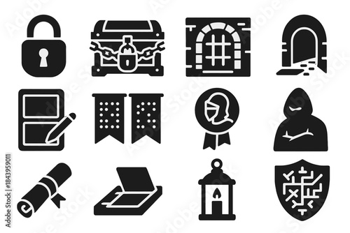 Medieval Secrets Icons. Solid style icons of Medieval secrecy: iron lock, chained chest, barred window, secret tunnel, wax tablet,