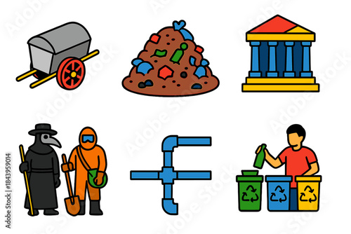 Waste Management Evolution. Isometric vector illustration set History of waste management: trash disposal carts, landfill mounds,