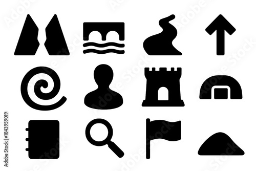 Strategic Icons Collection. Solid style icons of chokepoints and strategic positions: narrow pass, bridge, river crossing, arrow,