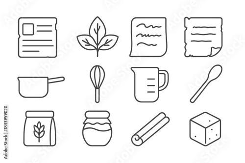 Timeless Recipe Icons. Line style icons of Timeworn Recipes: Cardboard Recipe, Exotic Flavor, Cursive Handwriting, Forgotten Taste