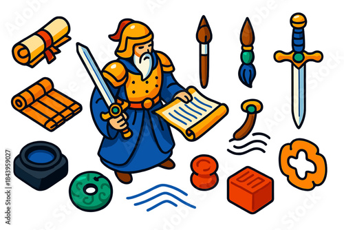 Sword and Scroll Icons. Isometric vector illustration set Sword & Scroll: armored sage, tied scroll text, writing brush, Jian