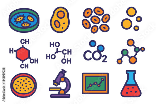 Fermentation Science Icons. Flat vector icons of fermentation science: microbial culture, yeast cell diagram, bacterial colony,