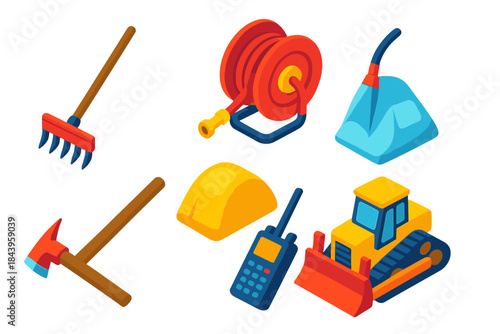 Firefighting Tools Icons. Isometric vector illustration set Firefighter Tools in Ecology: fire rake, water hose reel, pulaski tool