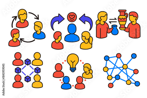 Cultural Evolution Icons. Isometric vector illustration set Cultural evolution: peer influence, spreading memes, cultural artifact