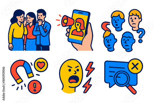Rumor Dynamics Icons. Isometric vector illustration set Psychology of rumor transmission: office gossip, social media spread,