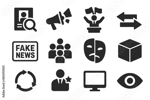 Propaganda Analysis Icons. Solid style icons of propaganda analysis: magnifying glass on poster, loudspeaker with flags, crowd